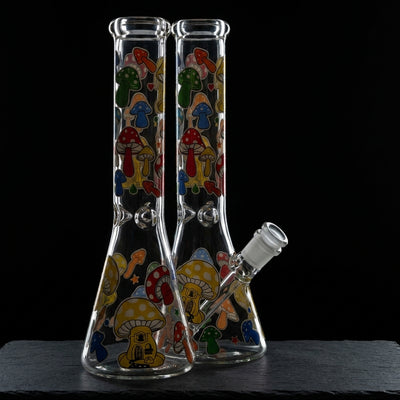 10" Rainbow Mushroom Decal Beaker on dark slate surface - Oil Slick Pad