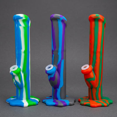 10" Silicone Suction Lighter Straight Bong in Red/Yellow/Green Swirl, Blue/Purple Swirl and Orange/Green Swirl