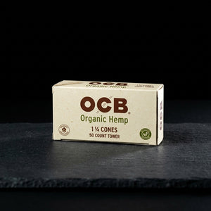 OCB Organic Hemp 1 ¼ Cones 50 Count Tower — Oil Slick editorial product photo