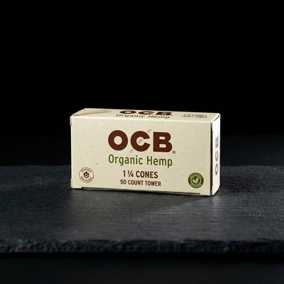 OCB Organic Hemp 1 ¼ Cones 50 Count Tower — Oil Slick editorial product photo