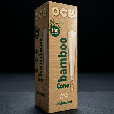 OCB Bamboo 1 ¼ Cones 100 Count Tower — Oil Slick editorial product photo