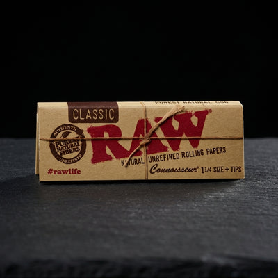 RAW Classic Connoisseur 1 ¼ Rolling Papers with Tips 24bx — Oil Slick editorial product photo