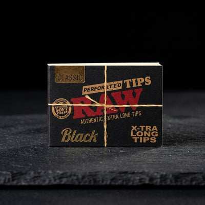 RAW Black Classic Extra Long Perforated Tips 36bx — Oil Slick editorial product photo