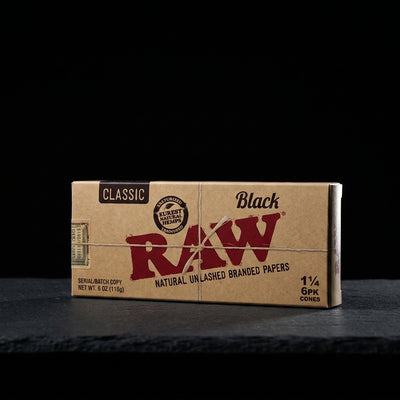 RAW Black Classic 1 ¼ 6pk Cones 32bx — Oil Slick editorial product photo