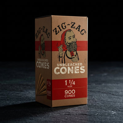Zig Zag 1 ¼ Bulk Unbleached Cones - (900 Cone Carton) — Oil Slick editorial product photo