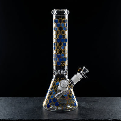 14" 7mm Color Honeycomb Bee Decal Beaker on dark slate surface - Oil Slick Pad