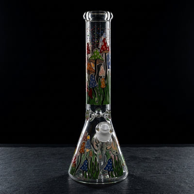 14" Mushroom Mix Decal Beaker on dark slate surface - Oil Slick Pad