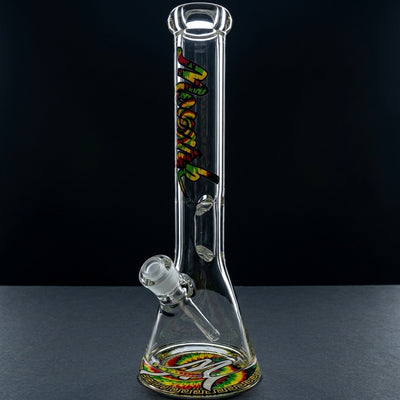 15" Monark Tye Dye Decal Thick Base Beaker on dark slate surface - Oil Slick Pad