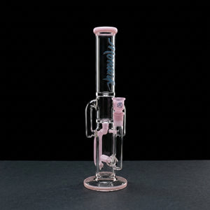 16” Monark Color Accent Inline Double Uptake Recycler Straight w/ Matching Color Bowl on dark slate surface - Oil Slick Pad