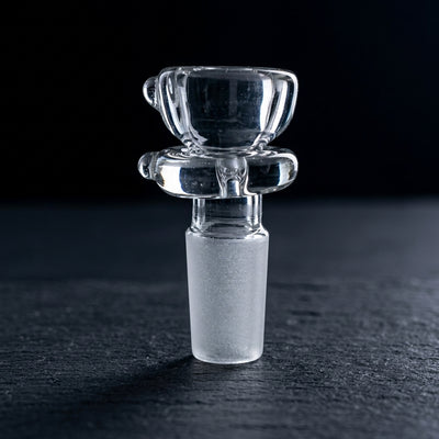 2" 14mm Clear Flower Bowl w/ Maria & Dot on dark slate surface - Oil Slick Pad