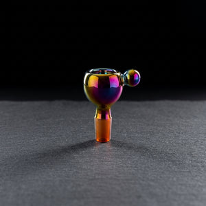 2.5" 14mm Iridescent Flower Bowl w/ Orb Handle on dark slate surface - Oil Slick Pad