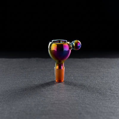 2.5" 14mm Iridescent Flower Bowl w/ Orb Handle on dark slate surface - Oil Slick Pad