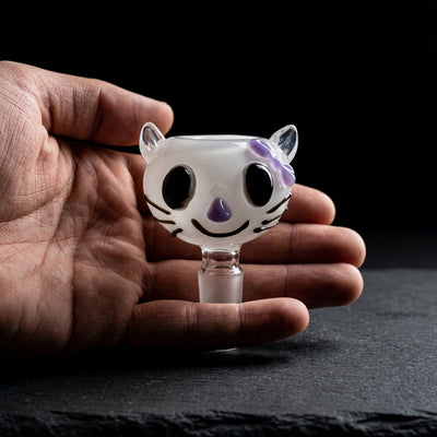 2.5" 14mm Sculpted Cat Glass Flower Bowl on dark slate surface - Oil Slick Pad