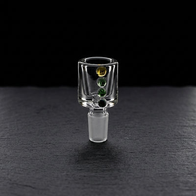 3" 14mm Clear Can w/ Color Dot Flower Bowl on dark slate surface - Oil Slick Pad
