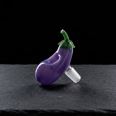 3″ 14mm Eggplant Glass Flower Bowl on dark slate surface - Oil Slick Pad