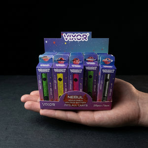 3.5" 480mAh Nebul by Vixor - Box of 20 Stick Batteries on dark slate surface - Oil Slick Pad
