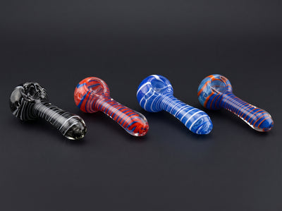 3.5" Color Spiral Glass Hand Pipe in Black/White, Red/Blue, Blue/White and Blue/Orange