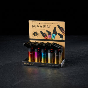 3.5" Maven Alpha+ Chrome Torch - 15 Pack Display on dark slate surface - Oil Slick Pad