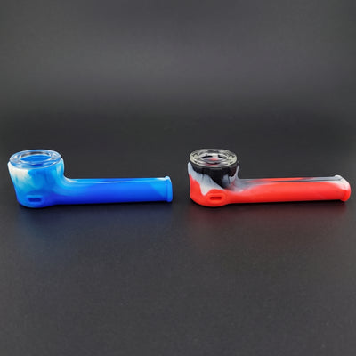 3.5″ Silicone Hand Pipe w/ Glass Flower Bowl in Blue/White and Red/Black/White