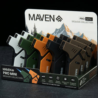 3″ MAVEN PRO-MINI SEQUOIA COLLECTION TORCH DISPLAY – 15-Pack on dark slate surface - Oil Slick Pad
