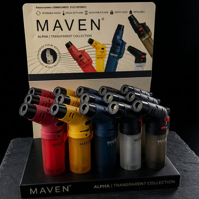 3.5″ MAVEN ALPHA+ TRANSPARENT TORCH DISPLAY – 15-Pack on dark slate surface - Oil Slick Pad