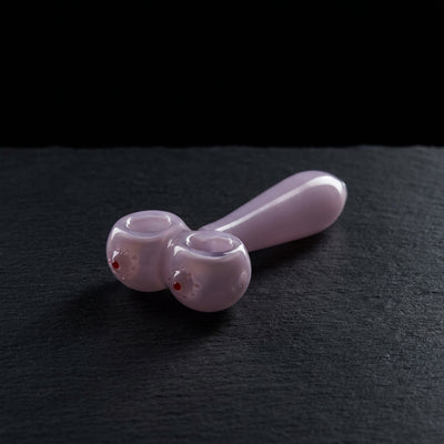 4.5" Double Bowl Titty Hand Pipe on dark slate surface - Oil Slick Pad