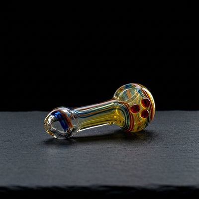 4.5" Fume Multi Color Swirl w/ 3 Dots Hand Pipe on dark slate surface - Oil Slick Pad