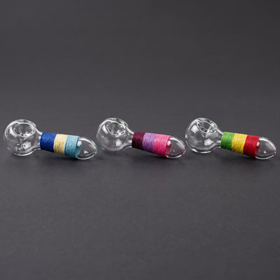 4.5" Hemp Wrapped Clear Hand Pipe in Blue/Cream/Light Blue, Pink/Purple/Maroon and Red/Yellow/Green