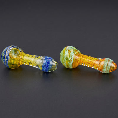 4.5" Twisted Cane Head & Mouth w/ Fume Inner Swirl Hand Pipe in Yellow/Blue and Yellow/Orange/Green