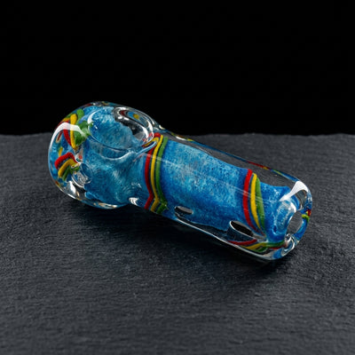 4" Blue Frit w/ Rasta Line Swirl Square Hand Pipe on dark slate surface - Oil Slick Pad