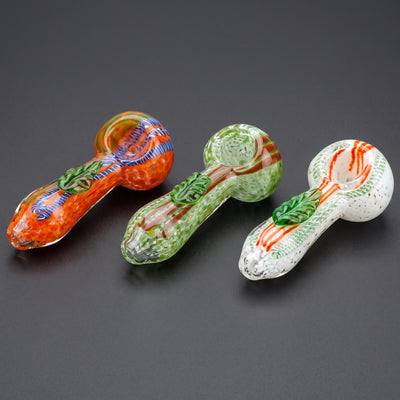 4" Frit Twisted Cane Leaf Hand Pipe in Orange, Green and White