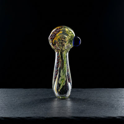 4" Fume Twisted Cane Inside Out Hand Pipe w/ Color Dot on dark slate surface - Oil Slick Pad