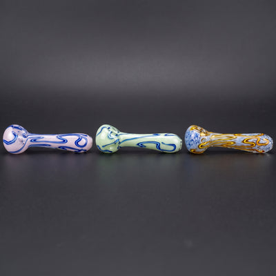 4" Opaque Pastel Frit Two-Tone Squiggle Line Hand Pipe in Pink, Green and Yellow