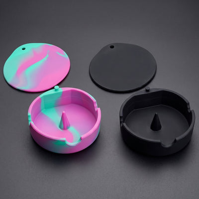 4" Silicone Ash Tray w/ Lid in Glow-in-the-Dark and Black