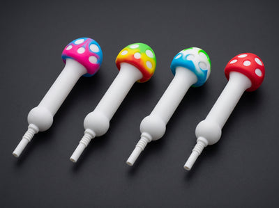 4" Silicone Mushroom Nectar Straw in Pink/Blue, Yellow/Green/Red, Green/Blue and Red