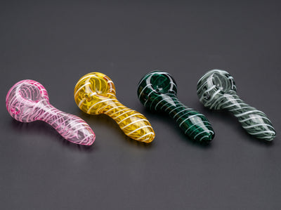 4" Solid Color w/ White Swirl Hand Pipe in Pink, Yellow, Green and Gray-Green