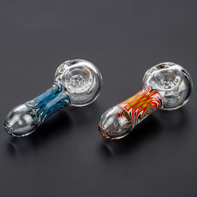 4" Wigwag Body w/ Clear Body & Glass Screen Bowl Hand Pipe in Blue and Red/Yellow/Green