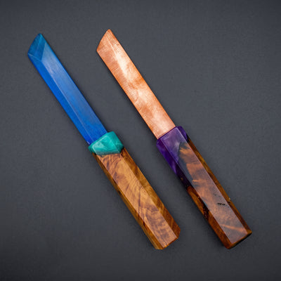 4.5″ Epoxy & Wood Sword Dab Tool in Blue/Brown and Orange/Purple