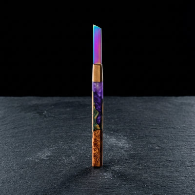 4.5″ Epoxy & Wood Sword Dab Tool on dark slate surface - Oil Slick Pad