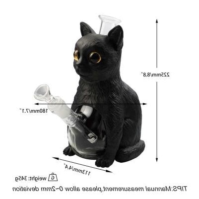 8.8" Black Tabby Cat Water Pipe | Glass + PVC