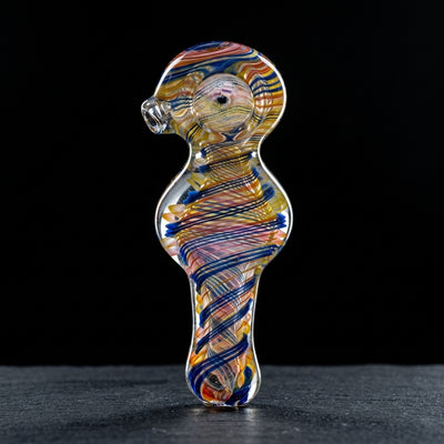 5.5" Cobalt Fume & Swirl Flat Body Hand Pipe on dark slate surface - Oil Slick Pad