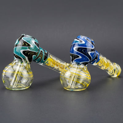 5.5" Fume Swirl w/ Color Line Wave Body & Bowl Bubbler in Green and Blue