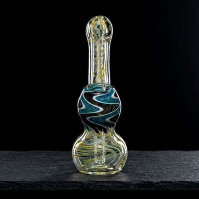 5.5" Fume Swirl w/ Color Line Wave Body & Bowl Bubbler on dark slate surface - Oil Slick Pad