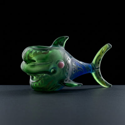 5.5″ Sandblast Tribal Shark Glass Hand Pipe on dark slate surface - Oil Slick Pad