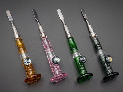 5.5" Stand Up Glass w/ Dichro Marble & Stainless Steel Tip Dab Tool in Amber, Pink, Green and Grey