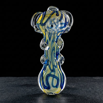 5" Blue & White Accent w/ Thick Clear Spots Hand Pipe on dark slate surface - Oil Slick Pad