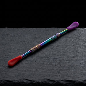 5" Iridescent Stainless Steel Dab Tool w/ Silicone Tips on dark slate surface - Oil Slick Pad