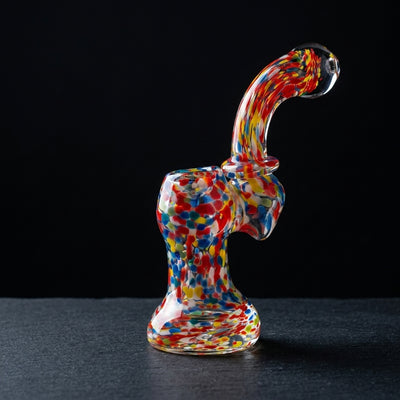 5" Rainbow Confetti Frit Maria Neck Bubbler on dark slate surface - Oil Slick Pad