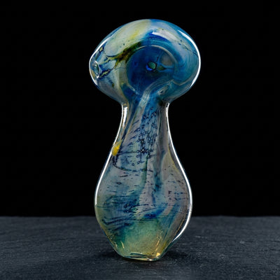5" Thick Blue & Fume Flat Body Hand Pipe on dark slate surface - Oil Slick Pad