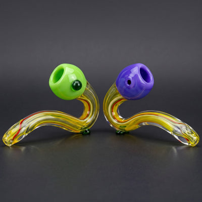 5" Thick Fume & Line Swirl Color Bowl Sherlock Hand Pipe in Green and Purple